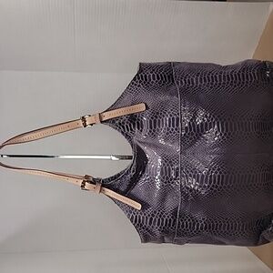 Michael Kors D-1210 Gray Snakeskin Tote Bag with Adjustable Tan Leather Straps